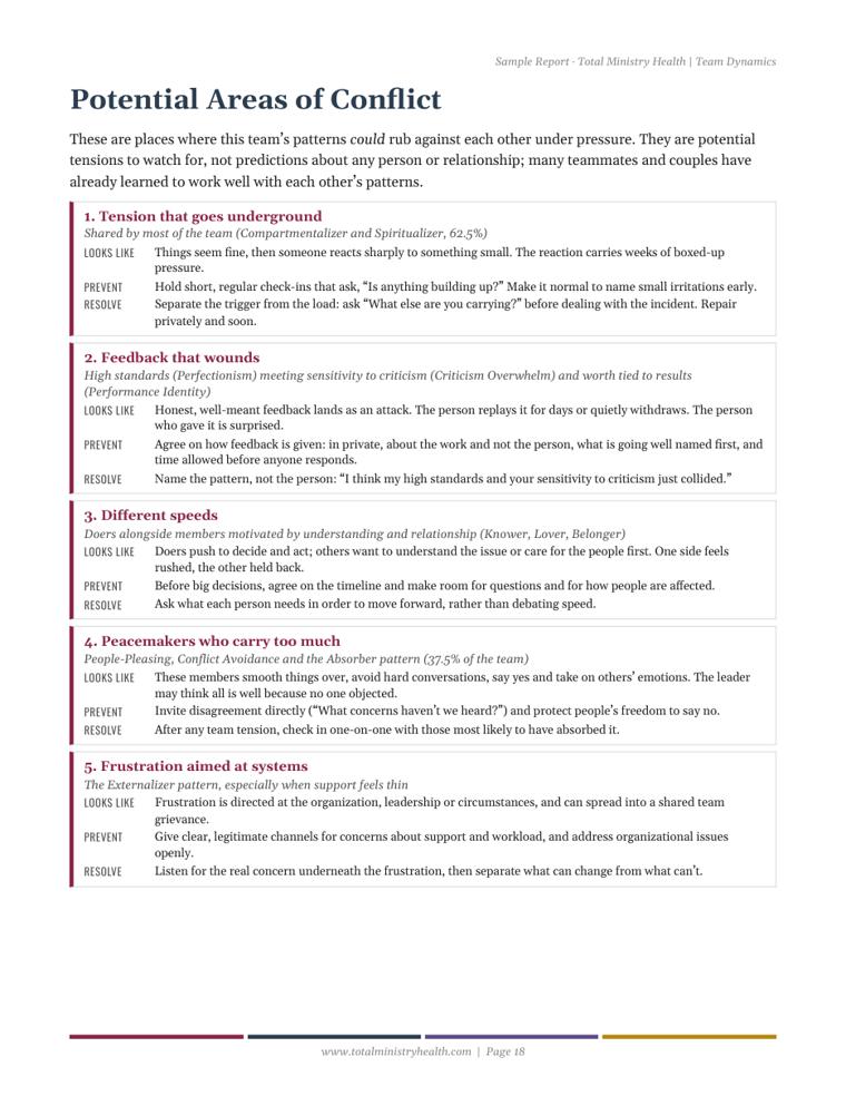 Sample team report page showing potential areas of conflict